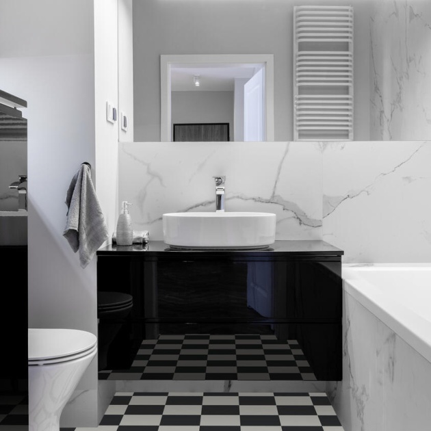Classic black and white chequerboard vinyl flooring